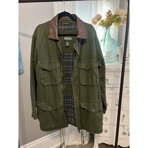 American Eagle Jacket Mens Small Green Flannel leather Chore Barn Canvas Vintage